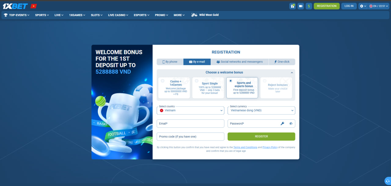 1XBET registration form showing country, currency, email and password fields
